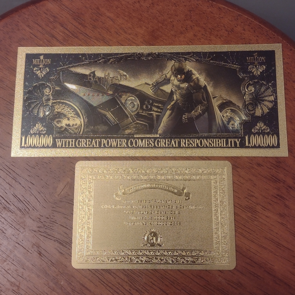 BATMAN THE DARK KNIGHT 24k GOLD NOVELTY NOTE w/GOLD CERTIFICATE OF AUTHENTICITY